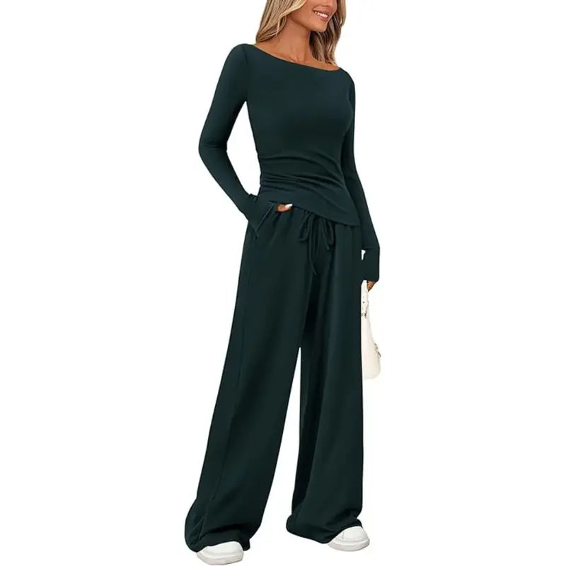 PRETTYGARDEN Women's 2-Piece Lounge Set Asymmetrical Long Sleeve T-Shirt & Wide Leg Pants Casual Fitted Tracksuit Loungewear Basic Minimalist Clothing with Drawstring & Pockets