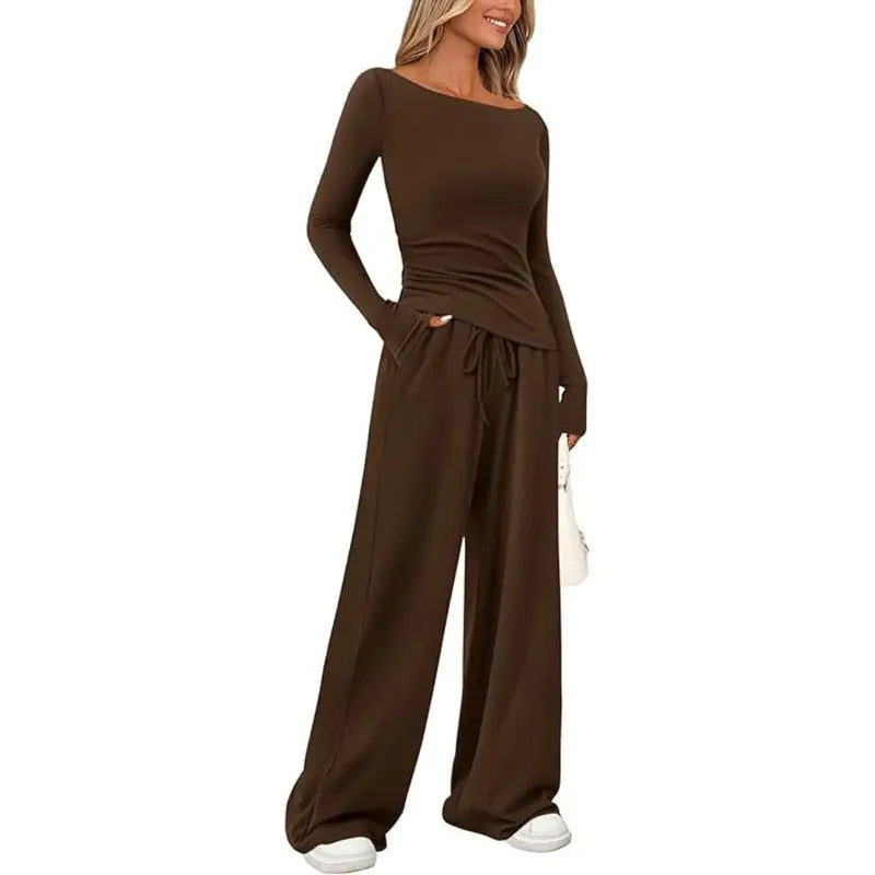 PRETTYGARDEN Women's 2-Piece Lounge Set Asymmetrical Long Sleeve T-Shirt & Wide Leg Pants Casual Fitted Tracksuit Loungewear Basic Minimalist Clothing with Drawstring & Pockets
