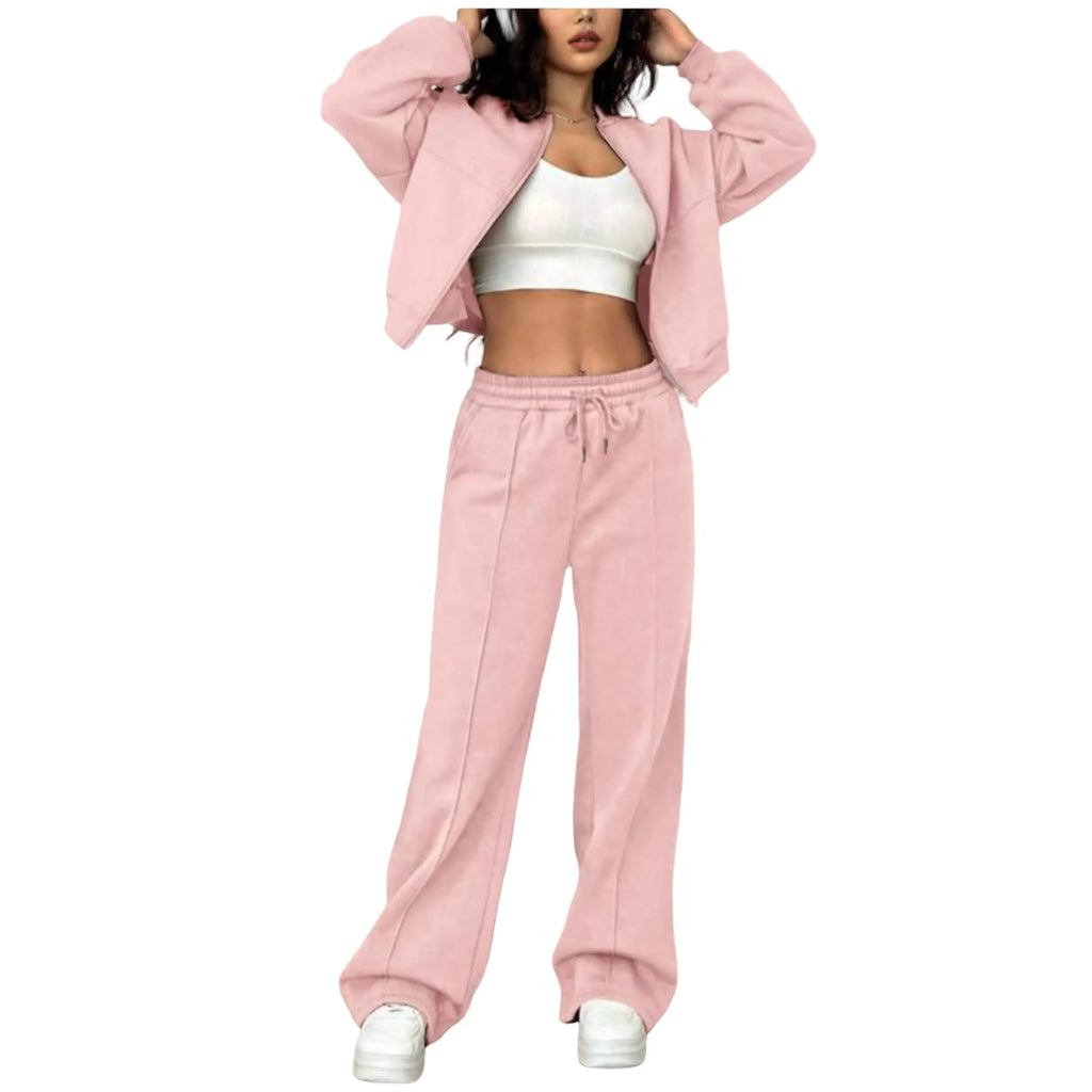Plus Size Women's Solid Zip Up Drop Shoulder Jacket & Elastic Waist Pants Casual Fashion Cozy Breathable Two Piece Outfits for Daily Outdoor Wear Clothes Womenswear Pocket Fabric