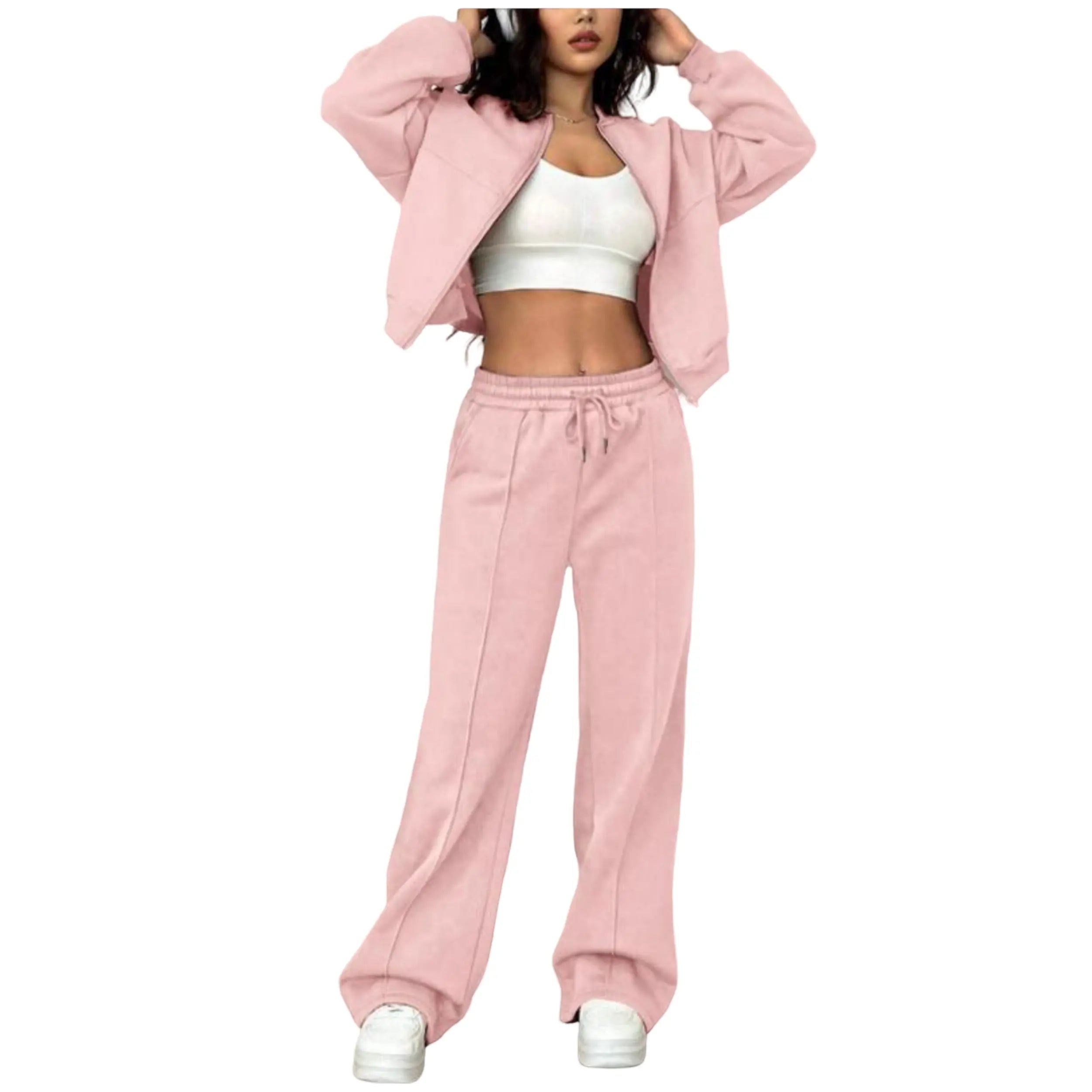 Plus Size Women's Solid Zip Up Drop Shoulder Jacket & Elastic Waist Pants Casual Fashion Cozy Breathable Two Piece Outfits for Daily Outdoor Wear Clothes Womenswear Pocket Fabric