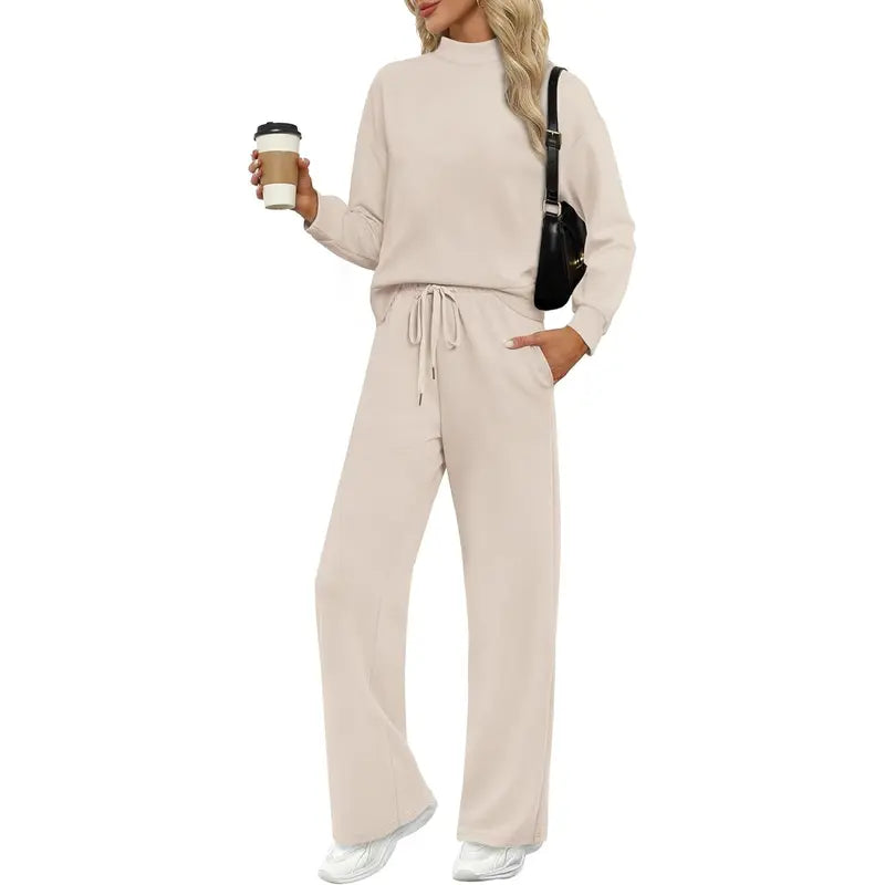 OFEEFAN Two Piece Sets for Women Fall Outfits Lounge Sets Mock Neck Tops Wide Leg Pants Vacation Travel Airport Outfits Casual Long Sleeve SpringStatements