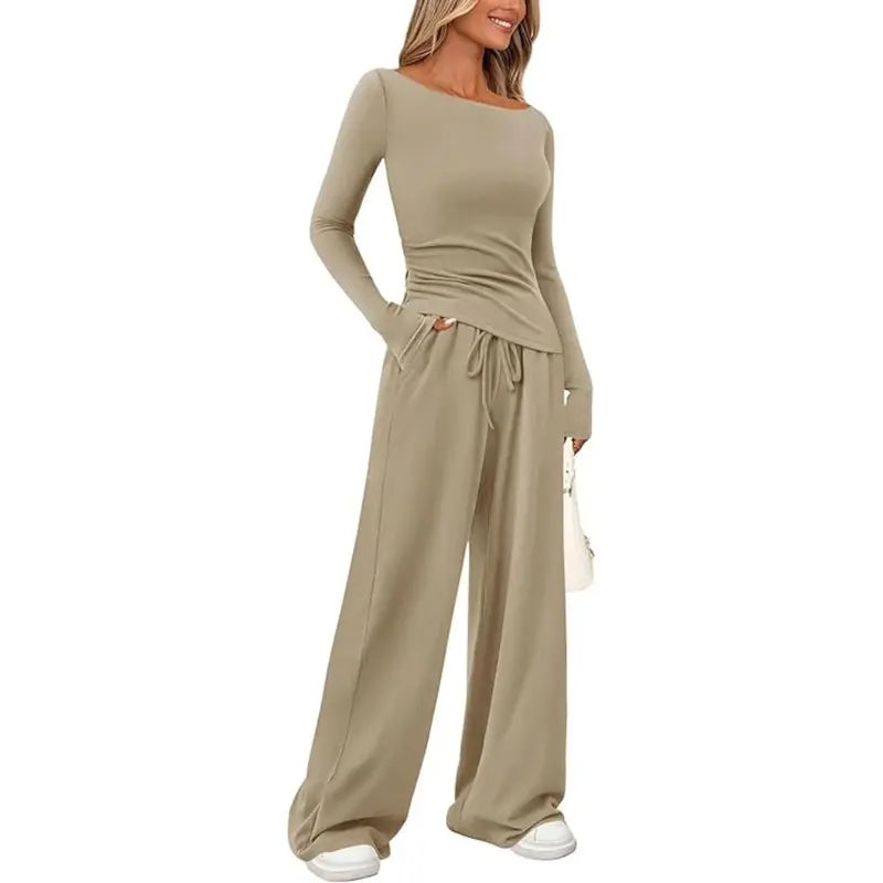 PRETTYGARDEN Women's 2-Piece Lounge Set Asymmetrical Long Sleeve T-Shirt & Wide Leg Pants Casual Fitted Tracksuit Loungewear Basic Minimalist Clothing with Drawstring & Pockets