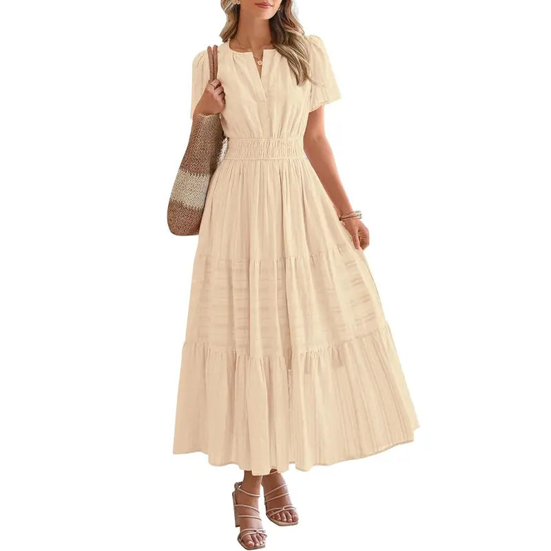 BTFBM Women's Summer 2026 Casual Maxi Dress Lightweight Short Sleeve V Neck Boho Dress with Pockets #Outdoorfun