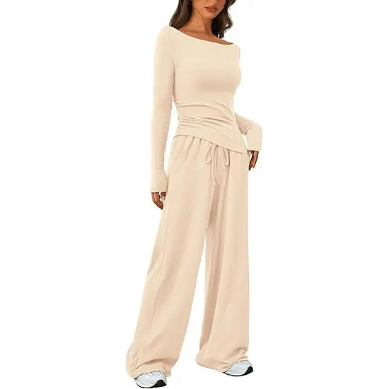 PRETTYGARDEN Women's 2-Piece Lounge Set Asymmetrical Long Sleeve T-Shirt & Wide Leg Pants Casual Fitted Tracksuit Loungewear Basic Minimalist Clothing with Drawstring & Pockets