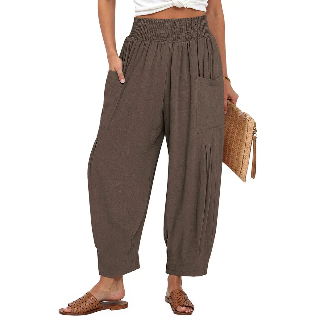 TARSE Women Linen Blend Boho Wide Leg Pants Casual Loose High Waist Cargo Harem Work Pants Baggy Travel Barrel Vacation Trousers with Pockets