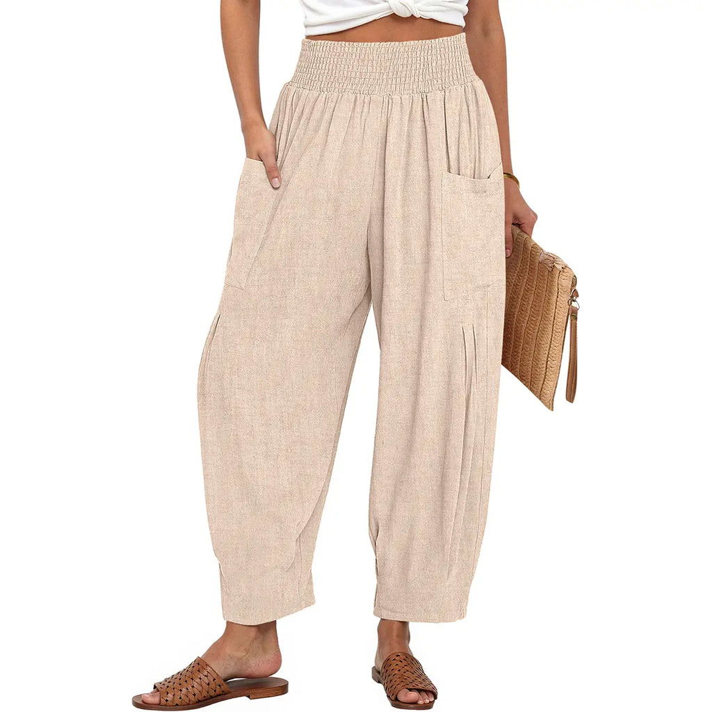 TARSE Women Linen Blend Boho Wide Leg Pants Casual Loose High Waist Cargo Harem Work Pants Baggy Travel Barrel Vacation Trousers with Pockets