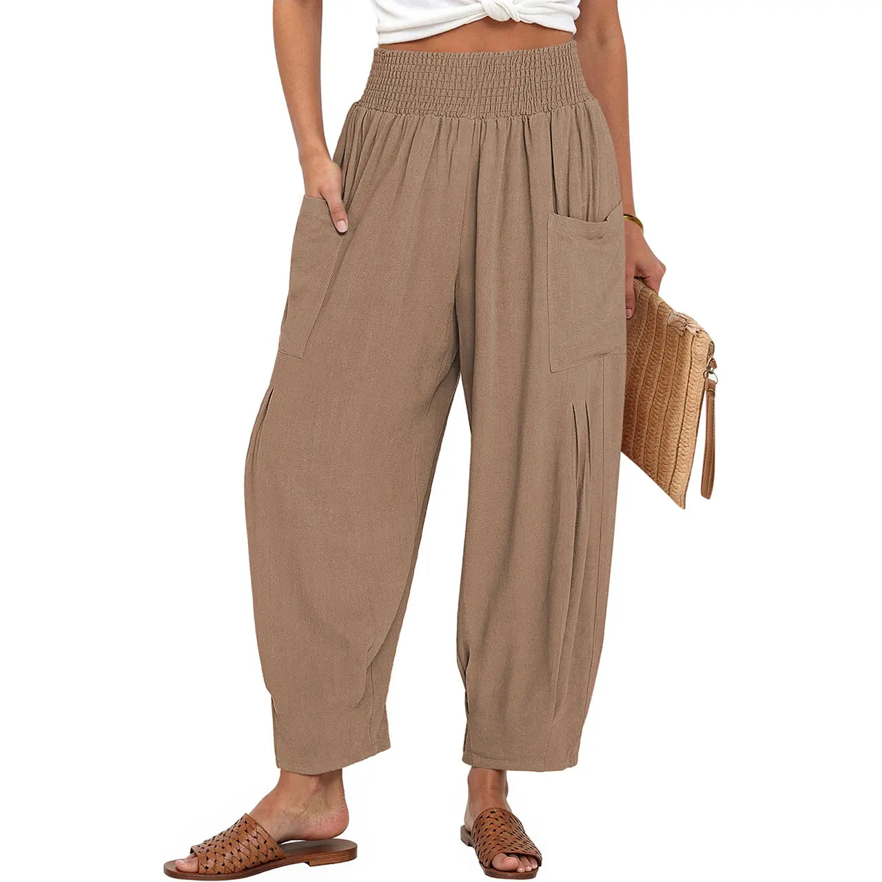 TARSE Women Linen Blend Boho Wide Leg Pants Casual Loose High Waist Cargo Harem Work Pants Baggy Travel Barrel Vacation Trousers with Pockets