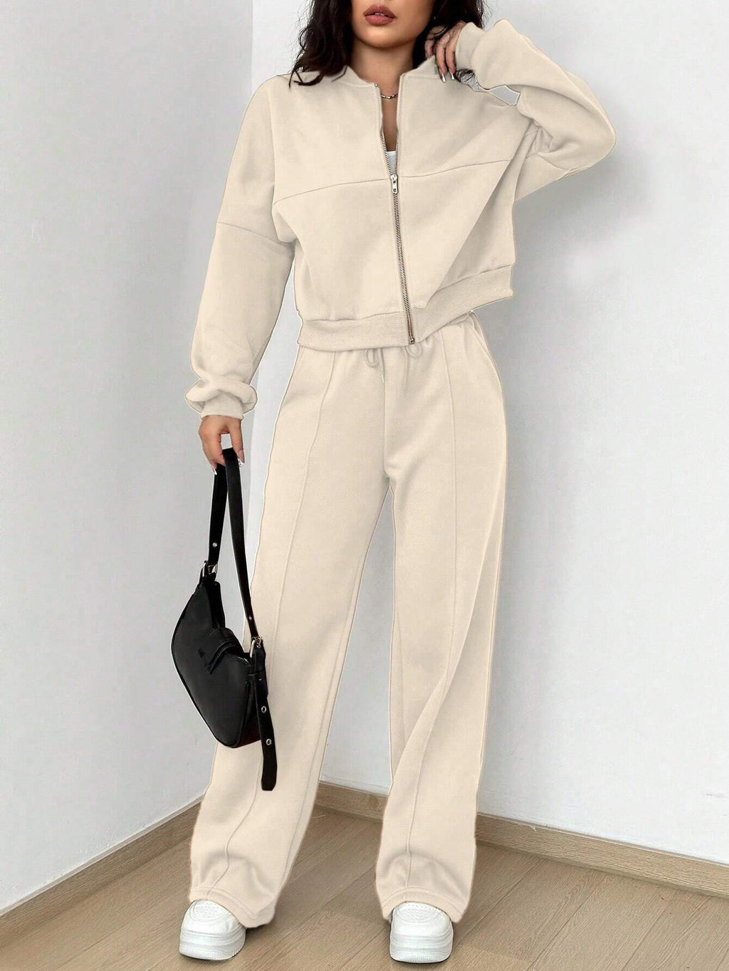 Plus Size Women's Solid Zip Up Drop Shoulder Jacket & Elastic Waist Pants Casual Fashion Cozy Breathable Two Piece Outfits for Daily Outdoor Wear Clothes Womenswear Pocket Fabric