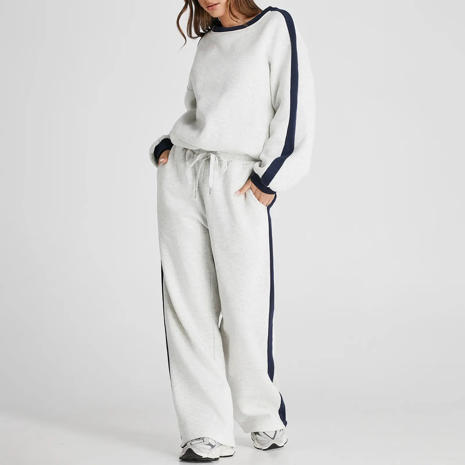 Aleumdr Women's 2 Piece Outfit Fleece Sweatsuit Casual Lounge Matching Sets Crewneck Loose Fit Cozy Sweatshirt & Straight Leg Sweatpants Womenswear Clothes Chic SpringStatements