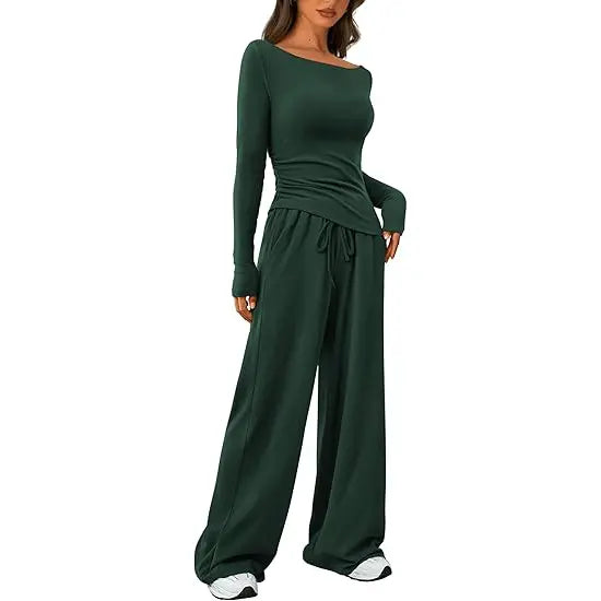 PRETTYGARDEN Women's 2-Piece Lounge Set Asymmetrical Long Sleeve T-Shirt & Wide Leg Pants Casual Fitted Tracksuit Loungewear Basic Minimalist Clothing with Drawstring & Pockets